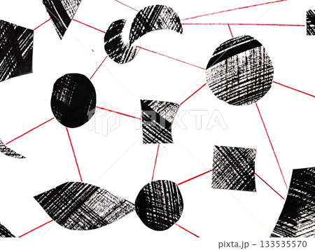 墨で描いたシナプスのイメージ、墨の筆跡がある掠れたチェックの模様線、モノクロ バナーサイズのイラスト 133535570