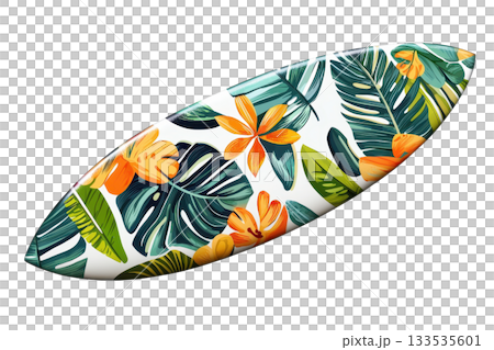 A surfboard adorned with vibrant tropical floral and leaf patterns, showcasing colorful design elements. 133535601