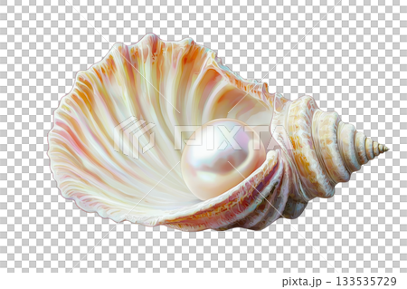 A beautifully detailed shell with a lustrous pearl nestled inside, showcasing intricate textures and natural colors. 133535729