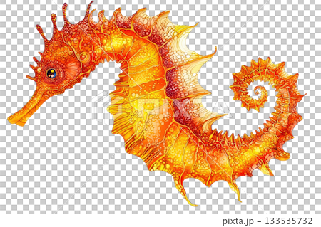 A vibrant, artistic depiction of a seahorse showcasing intricate details and warm orange hues. 133535732