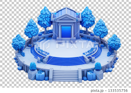 A stylized, blue monument featuring a staircase, columns, and surrounding trees, creating a serene and artistic gathering space. A stylized, blue monument featuring a staircase, columns, and surrounding trees, creating a serene and artistic gathering space. 133535756