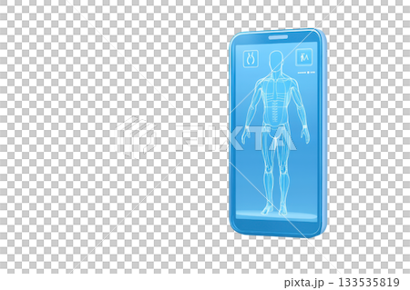 A digital display resembling a smartphone showcasing a human figure interface with anatomical details. 133535819
