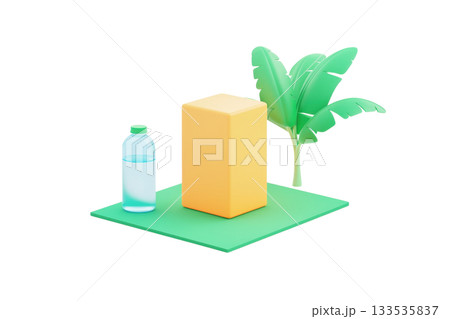 A vibrant yellow block next to a green leaf and a clear water bottle, set on a green surface. 133535837