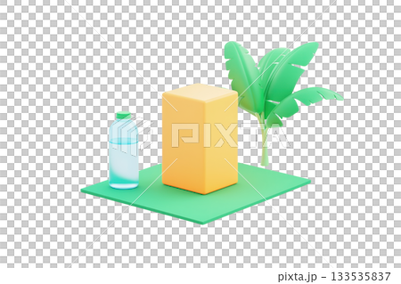 A vibrant yellow block next to a green leaf and a clear water bottle, set on a green surface. 133535837