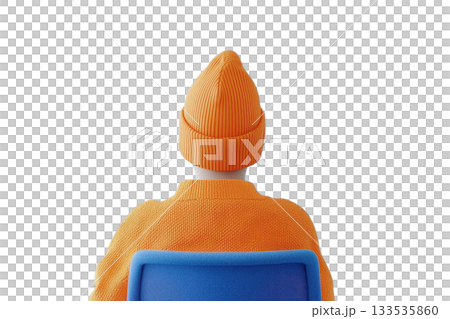 A person wearing an orange beanie and sweater, seated on a blue chair, viewed from behind. 133535860