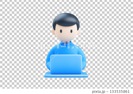 A cartoon character in a blue sweater sitting in front of a laptop, focused on the screen, representing remote work or digital engagement. 133535861
