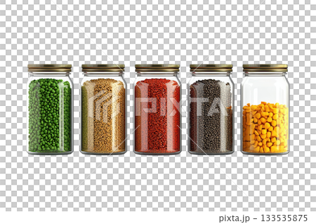 Five glass jars containing various colorful legumes, showcasing a range of textures and shades. 133535875