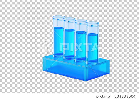 Four glass test tubes filled with blue liquid, arranged in a blue holder. 133535904