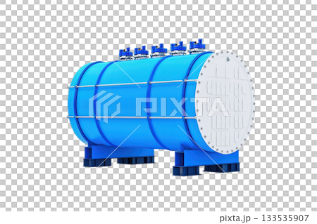 A blue cylindrical tank with a round white lid and multiple fittings on top. A blue cylindrical tank with a round white lid and multiple fittings on top. 133535907