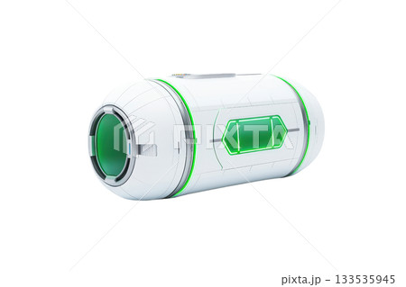 A sleek, cylindrical device with a glossy white finish and vibrant green accents, designed for futuristic applications. 133535945