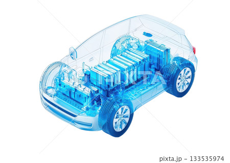A detailed illustration of an electric car showcasing its internal components and battery layout. 133535974