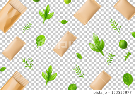A collection of brown paper packages interspersed with various fresh green herbs and leaves. 133535977