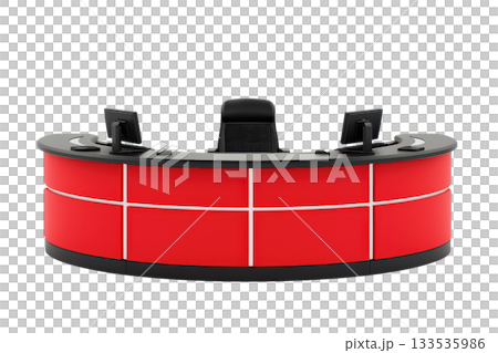 A modern reception desk with a curved design, featuring a vibrant red finish and equipped with multiple workstations. A modern reception desk with a curved design, featuring a vibrant red finish and equipped with multiple workstations. 133535986