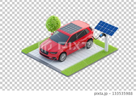 A red electric vehicle parked on a charging station with solar panels and greenery. A red electric vehicle parked on a charging station with solar panels and greenery. 133535988