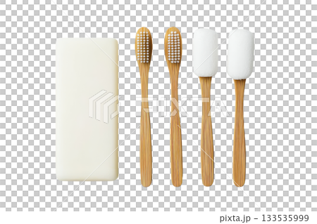 A set of bamboo toothbrushes alongside a bar of soap, emphasizing eco-friendly dental hygiene and personal care. A set of bamboo toothbrushes alongside a bar of soap, emphasizing eco-friendly dental hygiene and personal care. 133535999
