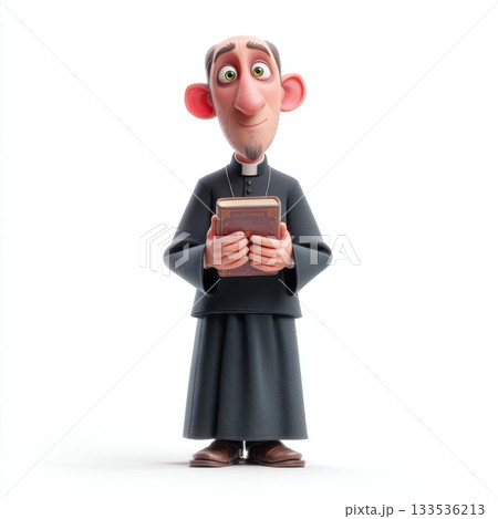 Animated cartoon male cleric with a goatee and large ears holding a detailed old book 133536213