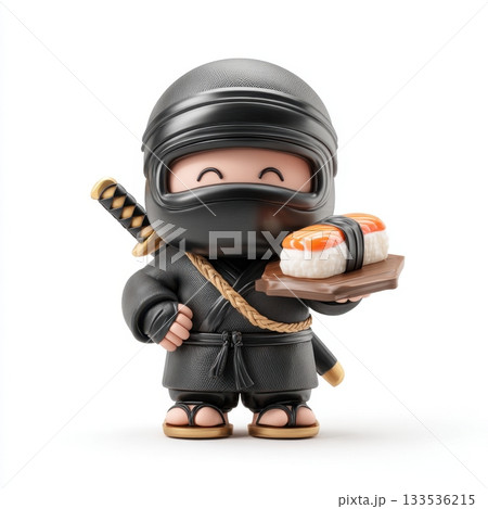 Cartoon ninja character wearing black attire holding a sushi dish with salmon 133536215