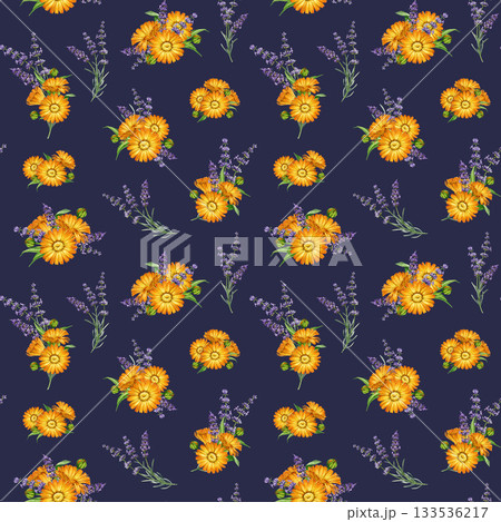 Lavender and calendula flowers seamless pattern decor element watercolor illustration. Hand drawn fresh calendula flowers mixed with lavender stems floral garden bright element on dark background 133536217