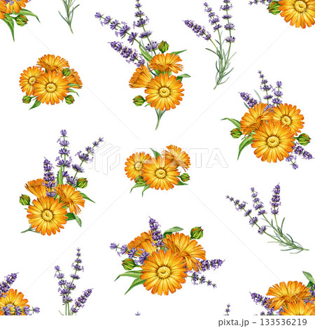 Lavender and calendula flowers seamless pattern decor element watercolor illustration. Hand drawn fresh calendula garden flowers mixed with lavender stems floral bright element on white background Lavender and calendula flowers seamless pattern decor element watercolor illustration. Hand drawn fresh calendula garden flowers mixed with lavender stems floral bright element on white background 133536219