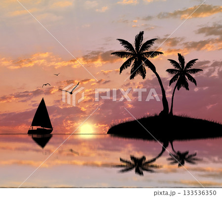 Silhouette of a tropical island with palm trees and a sailboat 133536350