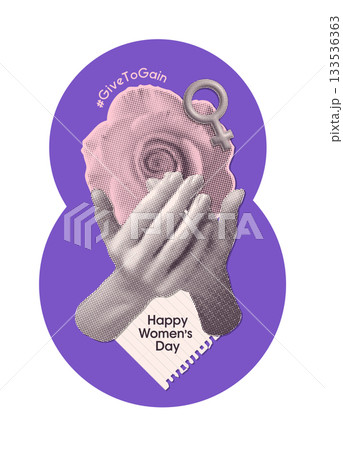 Give to gain sticker with Woman s hands cupped together, holding roses bud in a textured halftone collage style. International Women Day 8 shaped element. Purple Vector illustration. 133536363