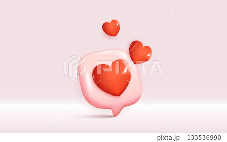 Chat speech bubble with 3d hearts. social media like icon. chat love message with cute 3d hearts. valentine's Day. app love comment. social media concept, love emoticon. 3d vector. 133536990