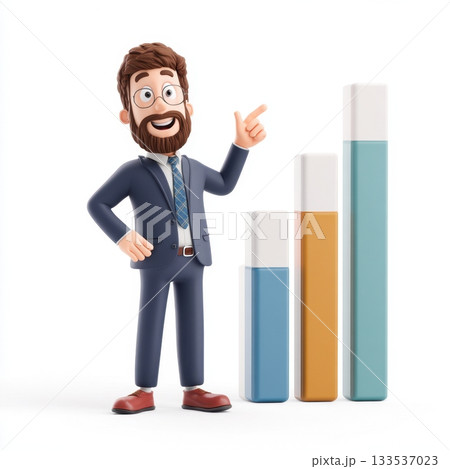 A cartoon businessman with glasses and a beard gestures towards a rising bar chart 133537023