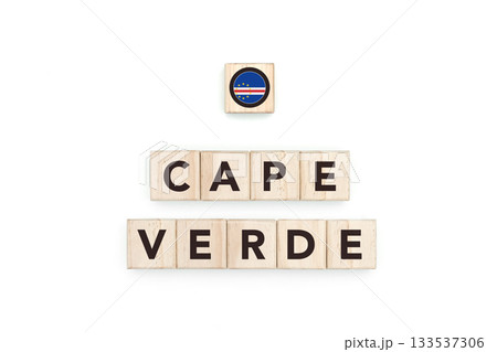 Wooden blocks bearing the name and flag of Cape Verde. Cape Verdean and African Culture, national identity, travel, and geography in a copy space design. 133537306