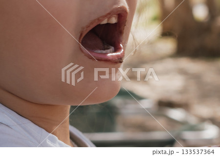 Close-up of a smiling face with chocolate ice cream smeared around the mouth 133537364