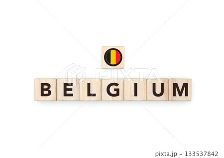Wooden blocks bearing the name and flag of Belgium. Belgian and European Culture, national identity, travel, and geography in a copy space design. 133537842