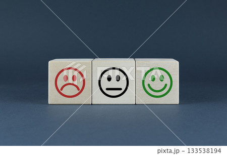 Smilies negative, neutral, positive. Cubes form faces of moods Smilies dissatisfied, neutral, satisfied. 133538194