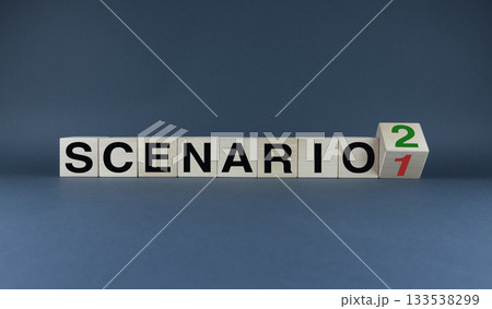 Cubes form the words Scenario 1 to Scenario 2. The concept of developing scenarios and an action plan Cubes form the words Scenario 1 to Scenario 2. The concept of developing scenarios and an action plan 133538299
