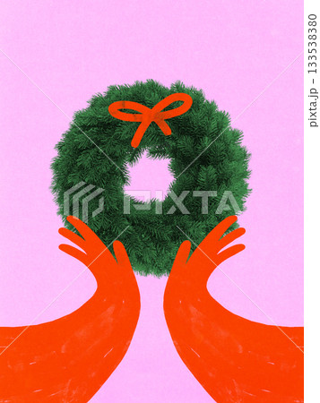 Festive collage. Hands holding green Christmas wreath with joyful emotion Festive collage. Hands holding green Christmas wreath with joyful emotion 133538380