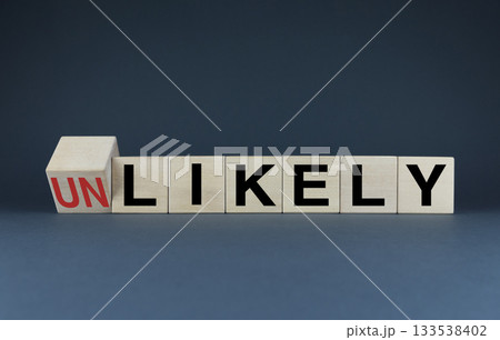 Unlikely or Likely. Cubes form the choice words Unlikely or Likely. Unlikely or Likely. Cubes form the choice words Unlikely or Likely. 133538402