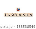 Wooden blocks bearing the name and flag of Slovakia. Slovak and East European Culture, national identity, travel, and geography in a copy space design. 133538549