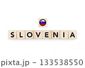Wooden blocks bearing the name and flag of Slovenia. Sloven and East European Culture, national identity, travel, and geography in a copy space design. 133538550