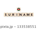 Wooden blocks bearing the name and flag of Suriname. Surinamese and South American Culture, national identity, travel, and geography in a copy space design.geography in a copy space design. 133538551