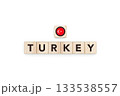 Wooden blocks bearing the name and flag of Turkey. Turkish and European and Asian Culture, national identity, travel, and geography in a copy space design. 133538557