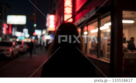 Silhouette of a Person Walking on a Vibrant City Street at Night with Neon Lights 133538617