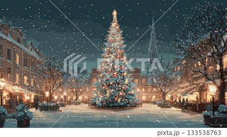 christmas tree on market in snowy winter illustration 133538763