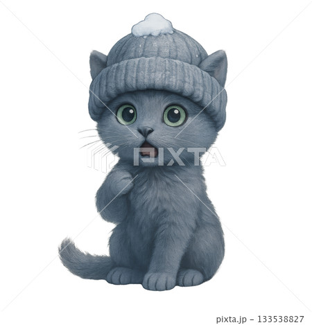 ニット帽をかぶったグレー子猫のかわいいイラスト（驚き顔） 133538827