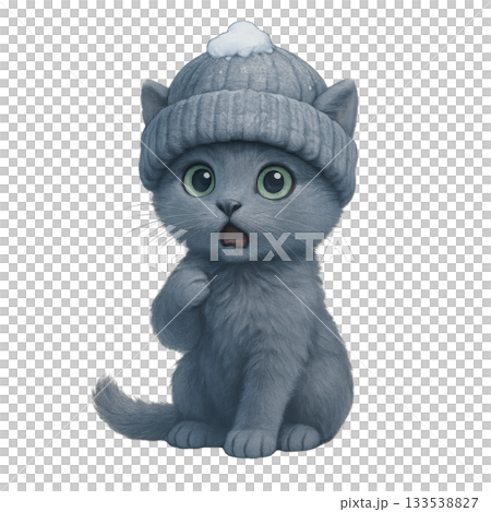 ニット帽をかぶったグレー子猫のかわいいイラスト（驚き顔） 133538827