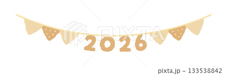 2026の文字と三角形のフラッグ - 手描きのかわいい2026年のデザイン用デコレーションガーランド 133538842