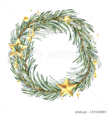 A Christmas wreath of pine branches and gold stars, beads, charms, and glitter. Hand-drawn watercolor illustration. Curved frame, text template, winter New Year's composition for decor and design. A Christmas wreath of pine branches and gold stars, beads, charms, and glitter. Hand-drawn watercolor illustration. Curved frame, text template, winter New Year's composition for decor and design. 133538903