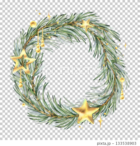A Christmas wreath of pine branches and gold stars, beads, charms, and glitter. Hand-drawn watercolor illustration. Curved frame, text template, winter New Year's composition for decor and design. A Christmas wreath of pine branches and gold stars, beads, charms, and glitter. Hand-drawn watercolor illustration. Curved frame, text template, winter New Year's composition for decor and design. 133538903
