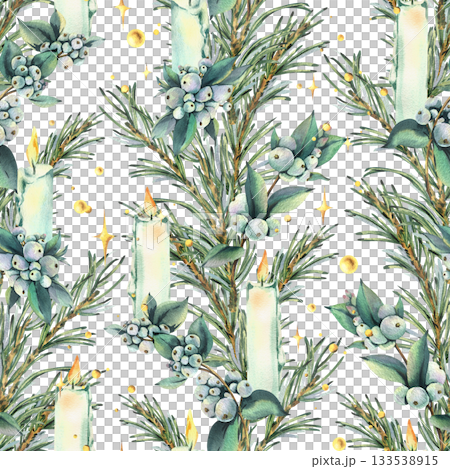 A seamless pattern with pine branches, snowberries, burning candles, and golden shimmer. Hand-drawn watercolor illustration. A Christmas and New Year's winter ornament for decor and design. A seamless pattern with pine branches, snowberries, burning candles, and golden shimmer. Hand-drawn watercolor illustration. A Christmas and New Year's winter ornament for decor and design. 133538915