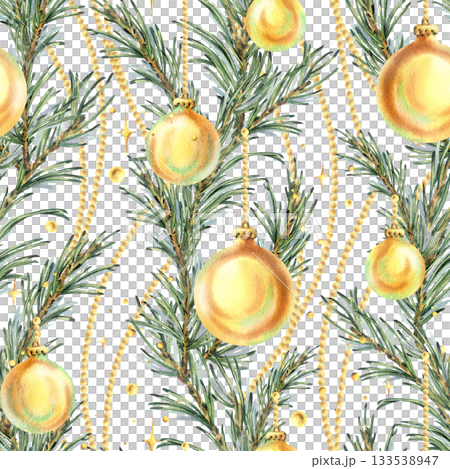 Seamless pattern with pine branches, golden baubles, and beads. Vertical garlands. Hand-drawn watercolor illustration. Christmas and New Year's winter ornament for decor and design. Seamless pattern with pine branches, golden baubles, and beads. Vertical garlands. Hand-drawn watercolor illustration. Christmas and New Year's winter ornament for decor and design. 133538947