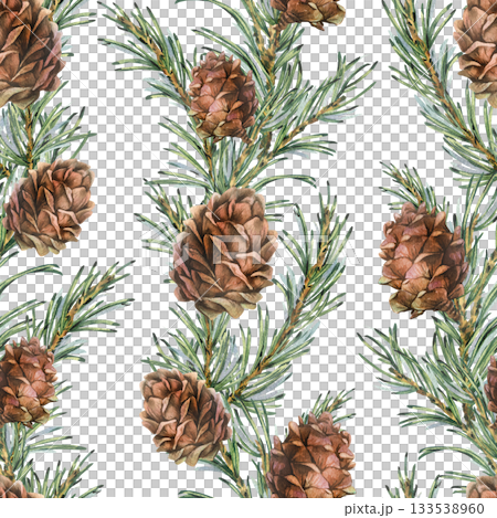 A seamless pattern with green pine branches and pine cones in vertical garlands. Hand-drawn watercolor illustration. A Christmas, New Year, and winter ornament for decor and design. 133538960