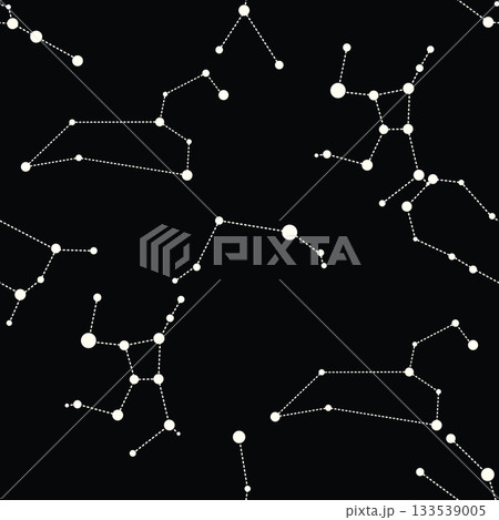 Seamless pattern depicting zodiac signs, featuring white stellar shapes on dark background, vector illustration 133539005