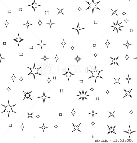 Minimalist geometric vector seamless pattern featuring outline black and white stars and rhombuses on white, perfect for graphic design, textile, and print applications 133539006